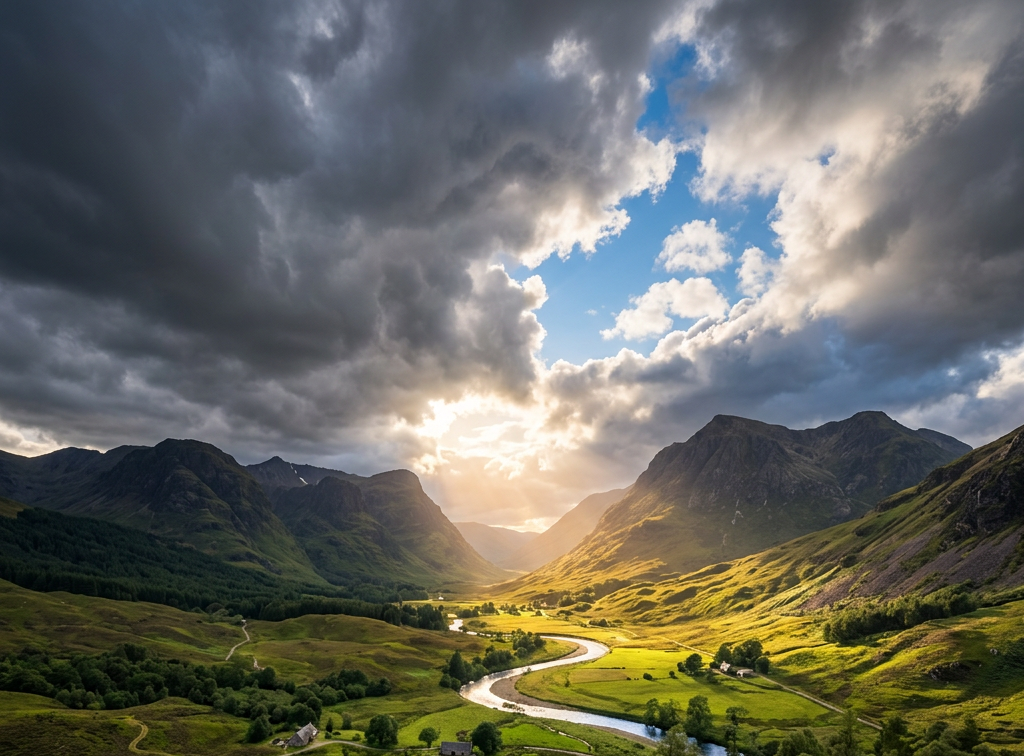 Winding river flowing through green valley with sun rays shining through clouds