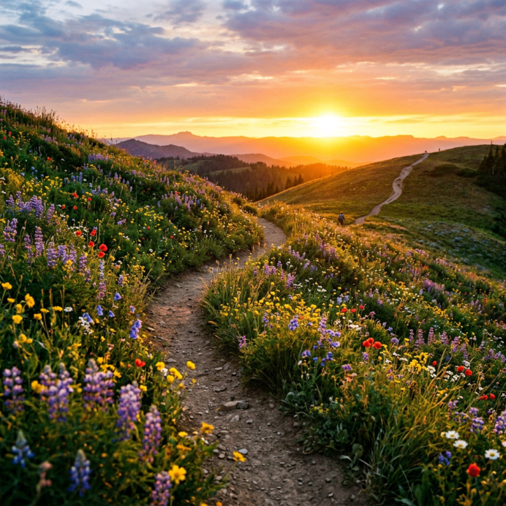 Narrow dirt path winding through colorful wildflowers on mountain slopes at sunset
