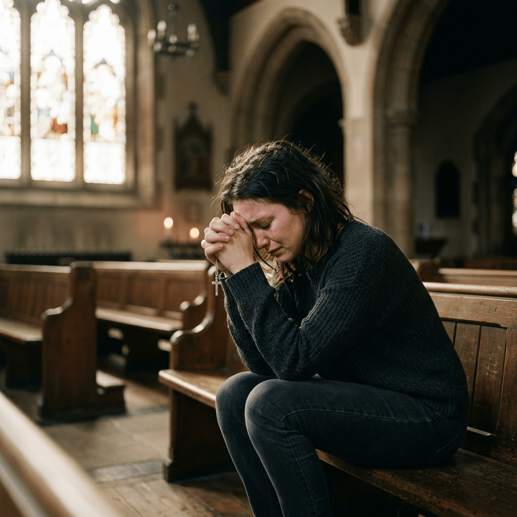 Woman sitting on church pew with head bowed, holding a rosary and praying